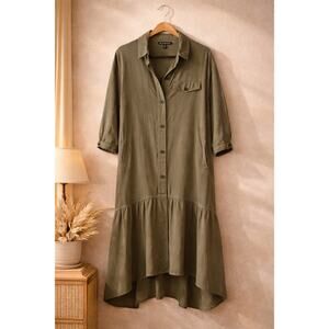 TRF Olive Green Dress Small High Low Button Front Utility Lightweight Casual Fun
